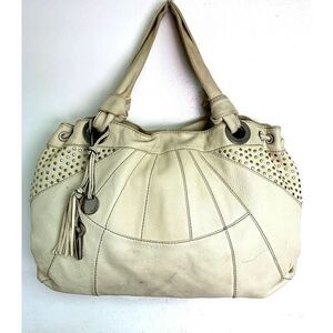 LRG FOSSIL FIFTY FOUR 54 STUD IVORY GENUINE LEATHER HOBO BOHO TOTE SHOULDER BAG